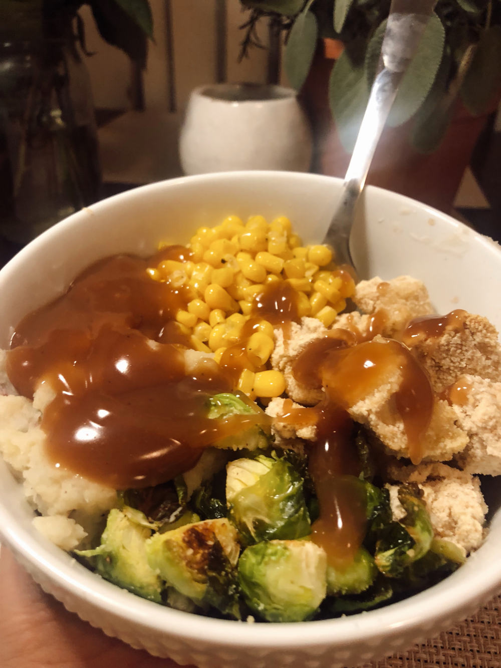 Final Product: Crispy tofu mashed potato bowls