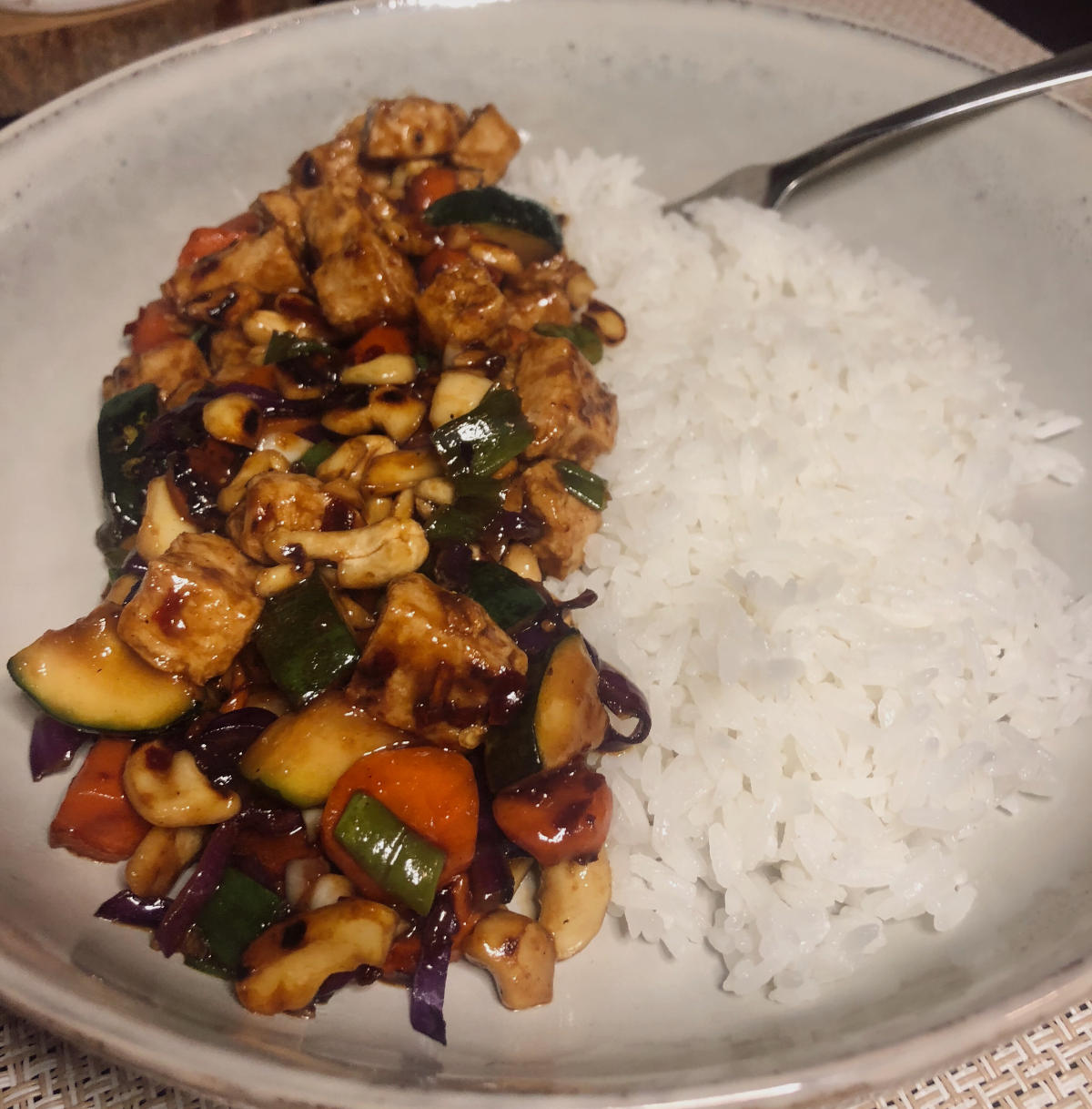 Final product: Kung Pow Chicken and veggies