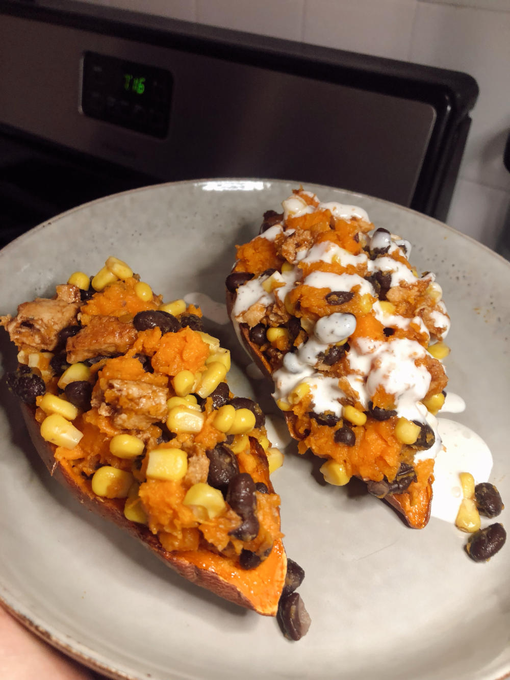 Final Product: Vegan BBQ Chicken stuffed sweet potatoes