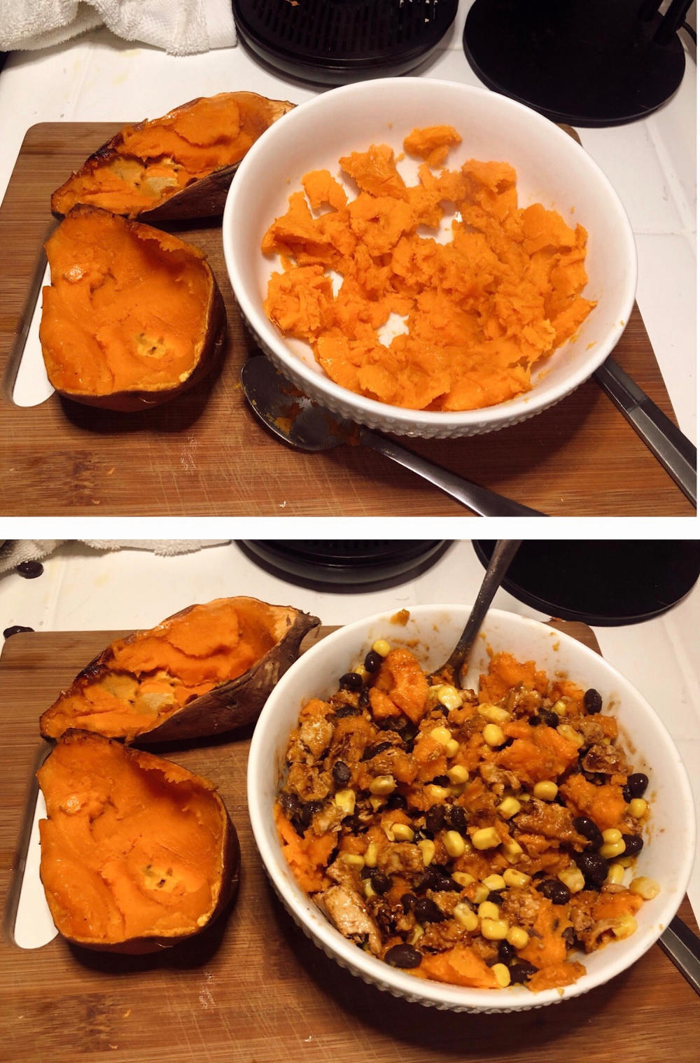 Step 4 for Vegan BBQ Chicken stuffed sweet potatoes